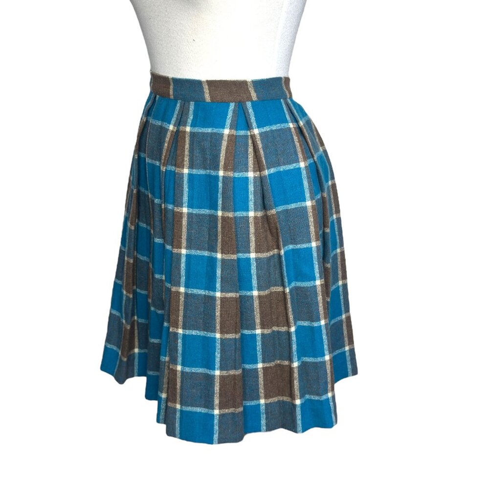 1970's Handmade Plaid Skirt Midi A-Line Pleated Barbiecore Blue and Brown Wool - Picture 8 of 10